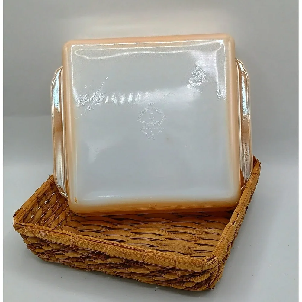 Vintage Anchor Hocking Fire King USA 8x8 Glass Casserole Dish & Serving Basket.